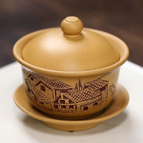 Mud Relief Sculpture Yixing Handmade Raw Ore Purple Sand Covered Bowl in Jiangnan Town
