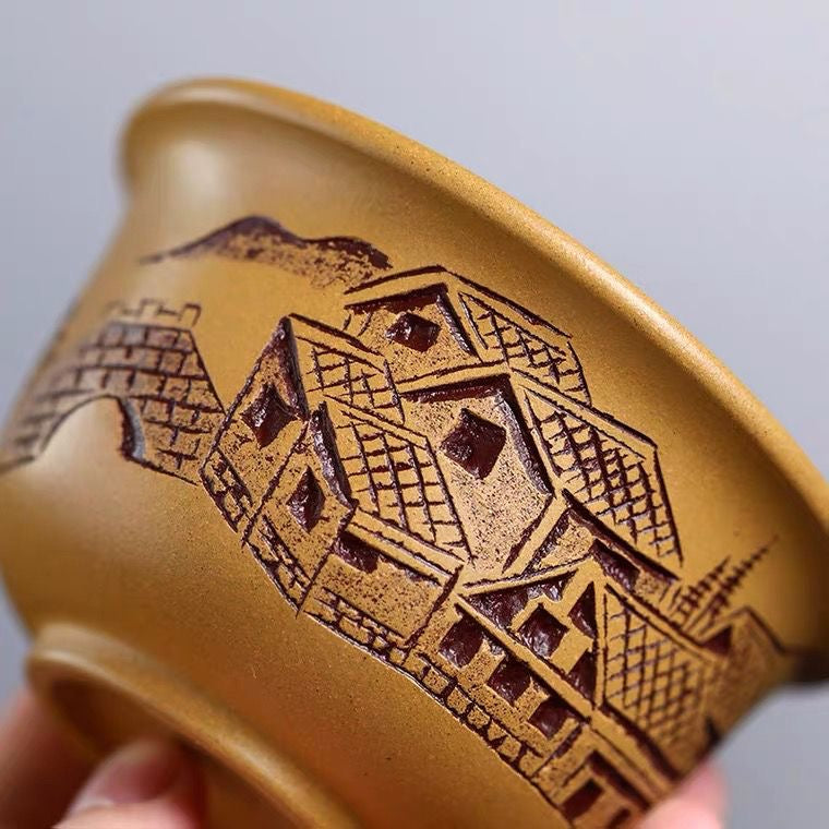 Mud Relief Sculpture Yixing Handmade Raw Ore Purple Sand Covered Bowl in Jiangnan Town