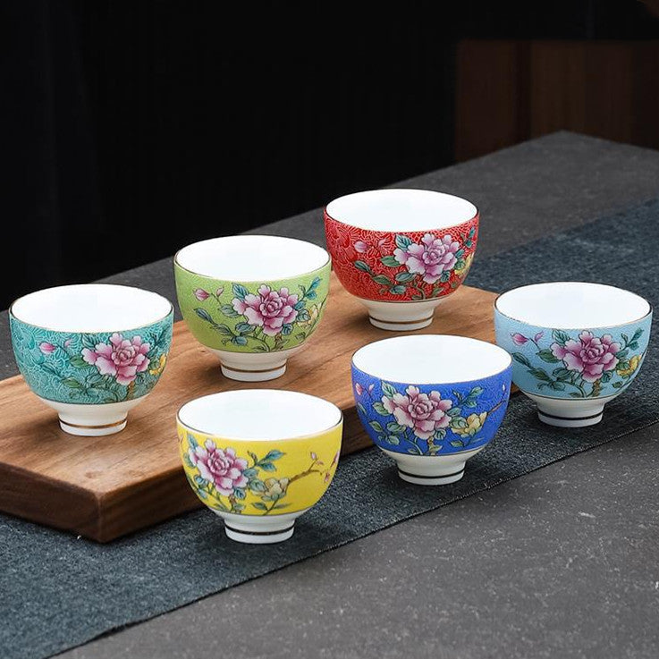 Enamel teacups ceramic tea bowls famille rose flower Teacup