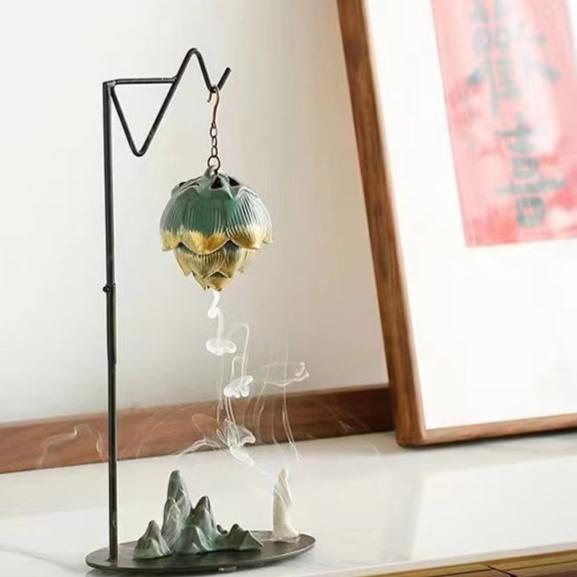 Elegant lamp ring incense hanger with ceramic dragon and lotus