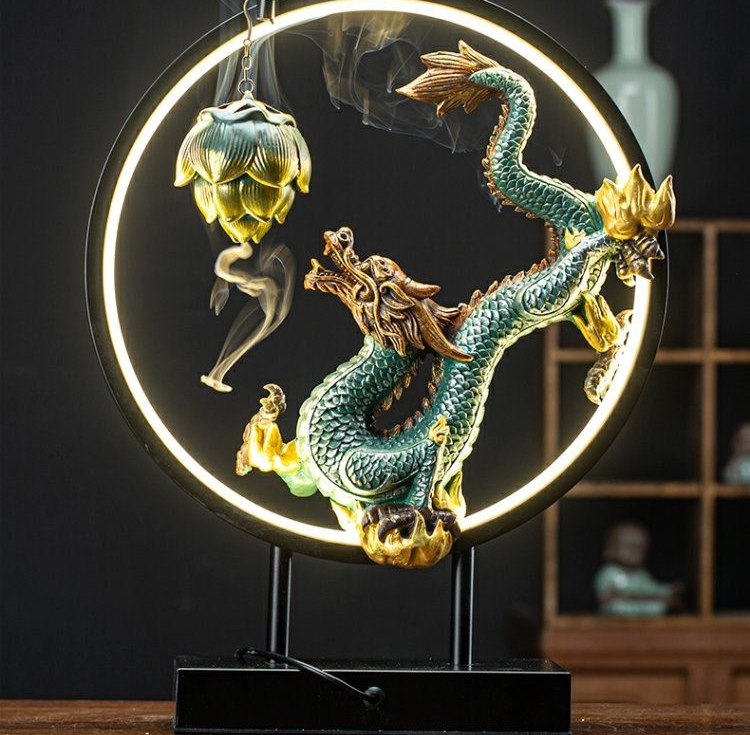 Elegant lamp ring incense hanger with ceramic dragon and lotus