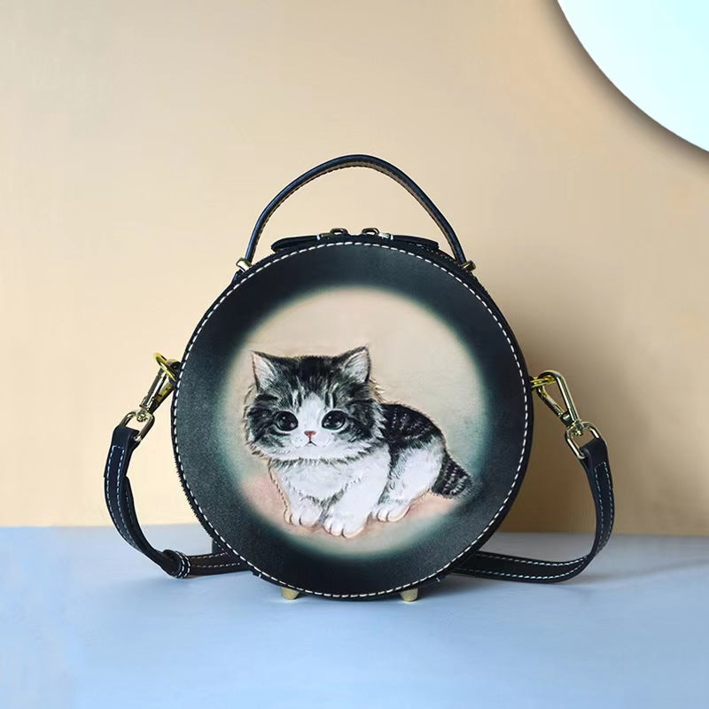 Leather designer round handbag sling bag