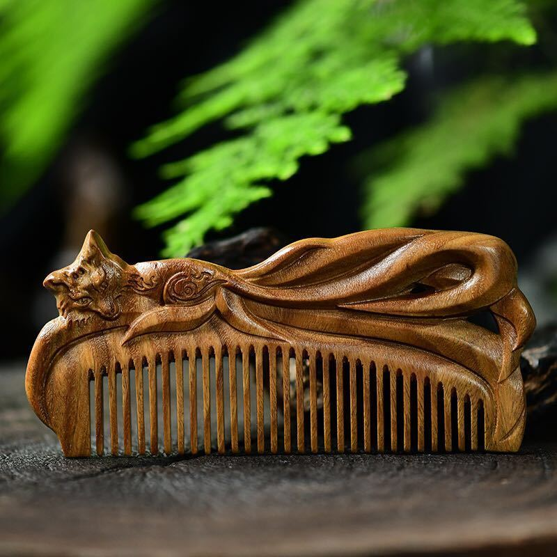 Nine-tailed carved natural sandalwood comb | Portable and vintage style massage comb, elegant gift