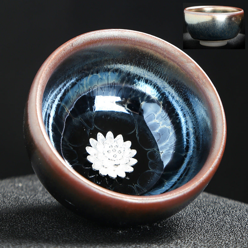 3D Oil Inlaid Silver Teacup Set