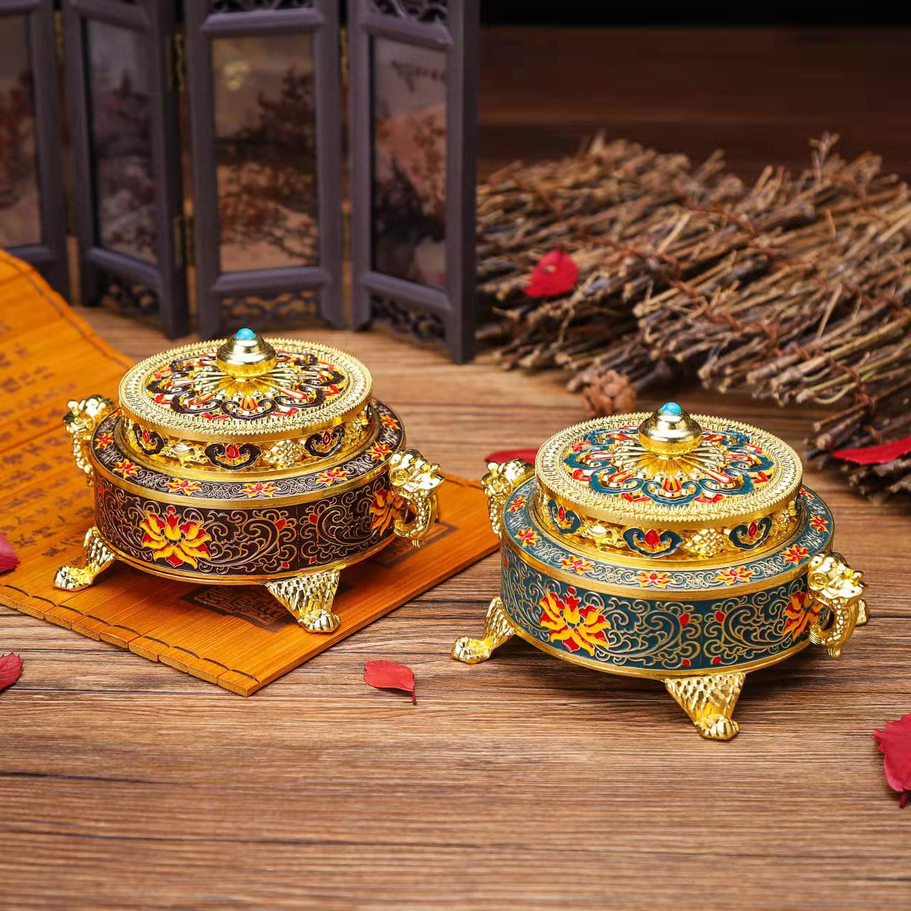Enamel Painted Tibetan Relief Incense Burner