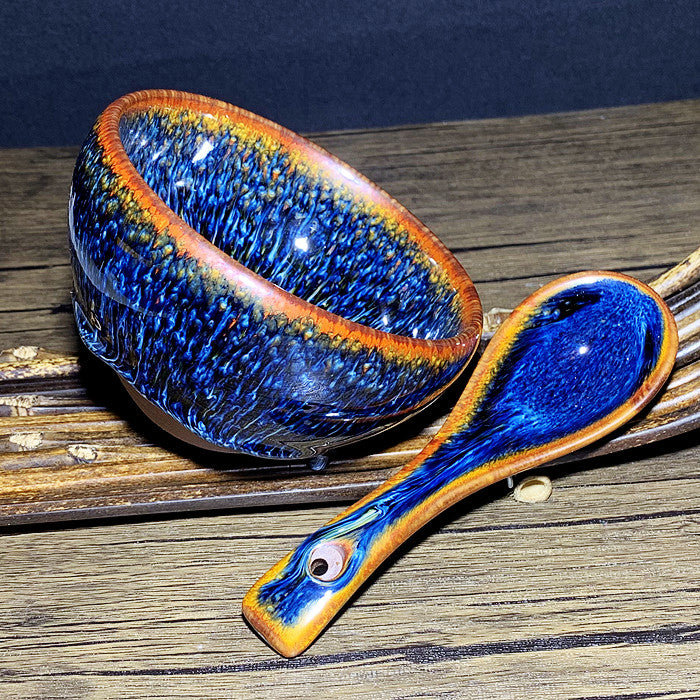 Master Collection--Golden Orchid Peacock Van Gogh Bowl & Spoon Set (M203)