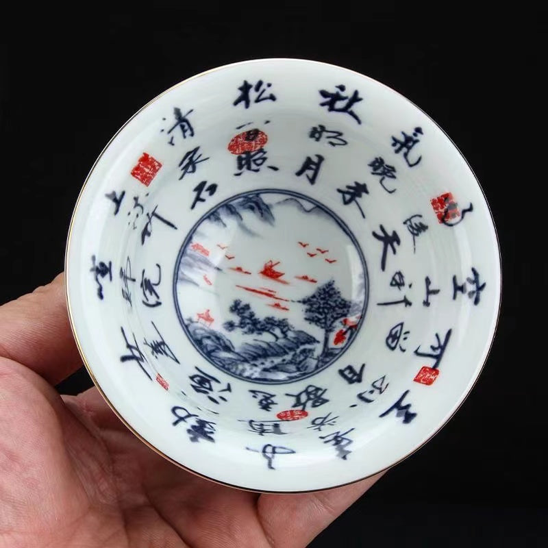 Antique porcelain, blue and white rivers and mountains, hand-painted tea cups