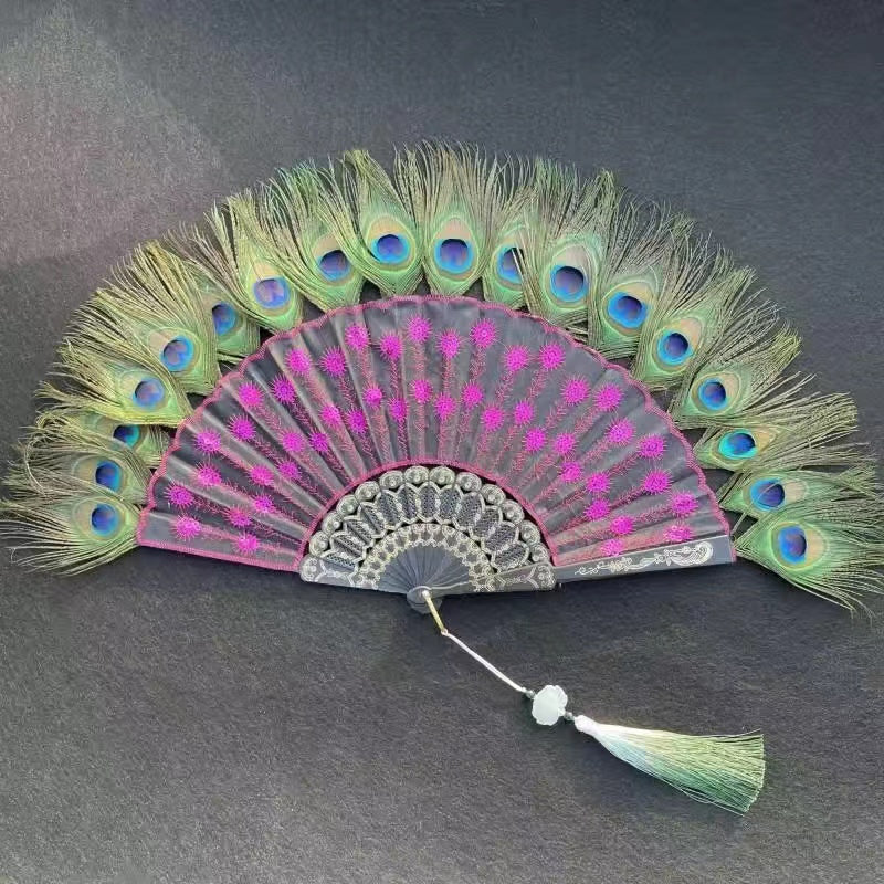Peacock Feather Lace Folding Fan