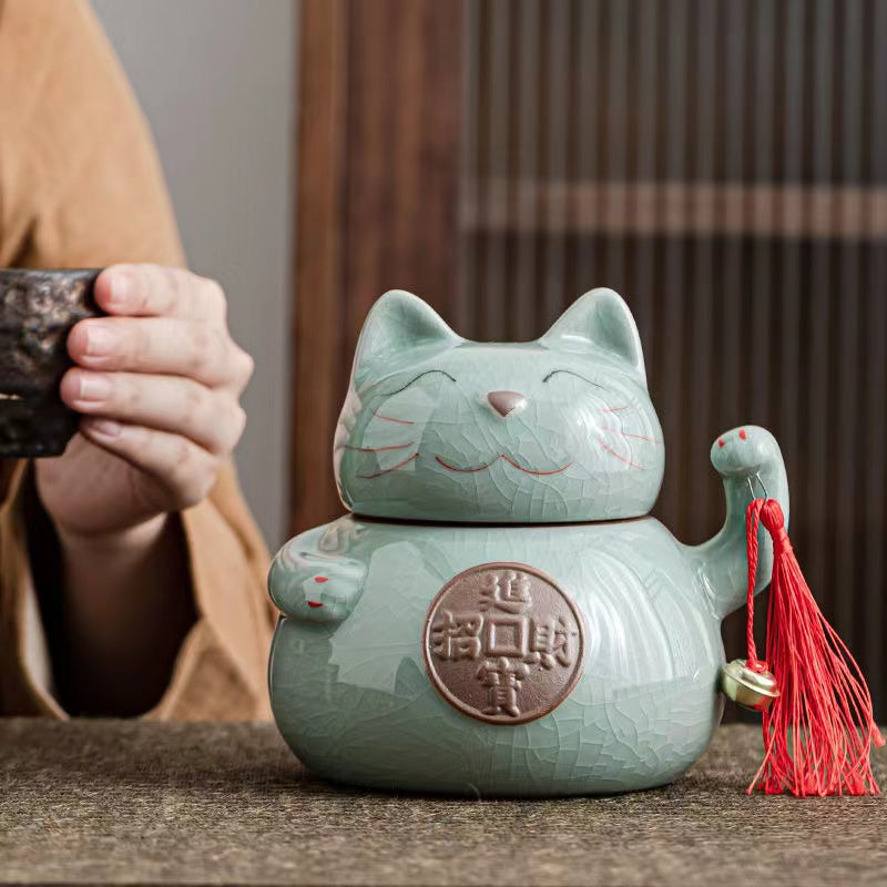 Double layer ceramic Dafu cat Tea Jar
