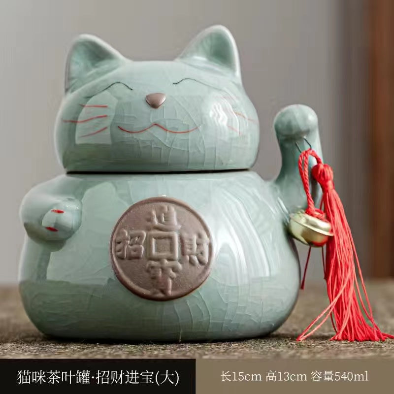 Double layer ceramic Dafu cat Tea Jar