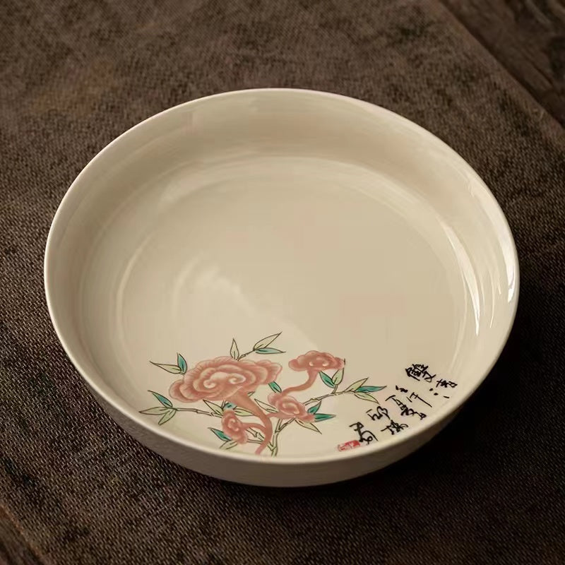 Wooden grey hand-painted antique pot bearing saucer