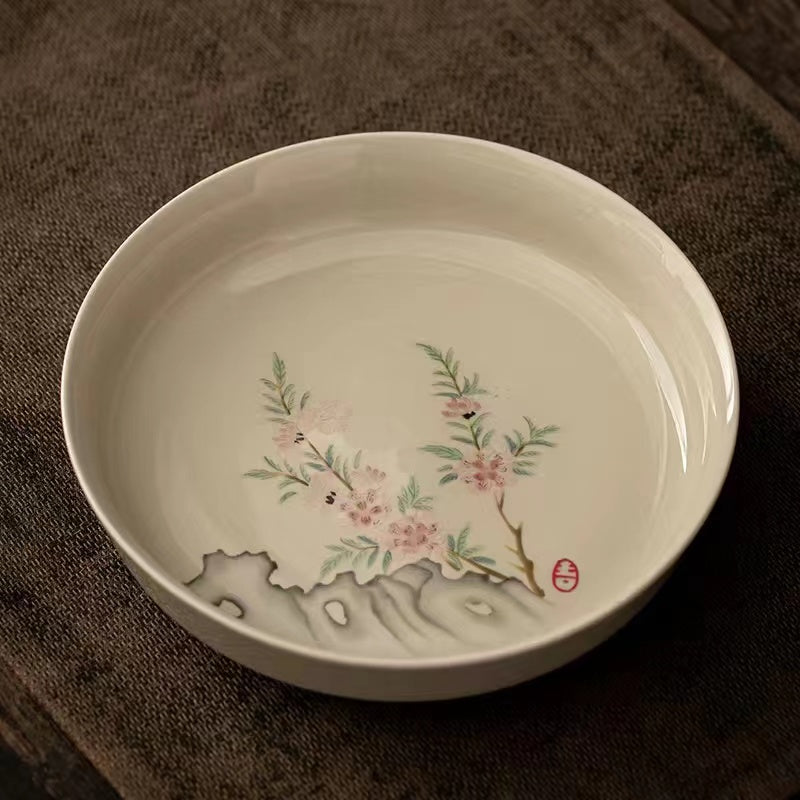 Wooden grey hand-painted antique pot bearing saucer