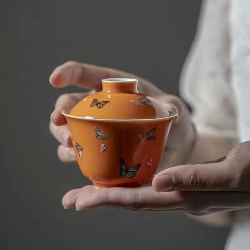 Color glaze powder glaze butterfly Ercai rock tea cover bowl