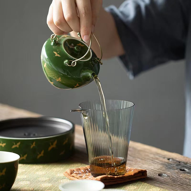 Grandmother green glaze crane Chinese style lifting pot