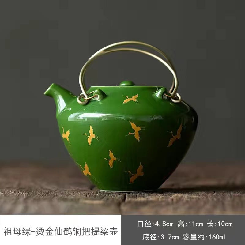 Grandmother green glaze crane Chinese style lifting pot