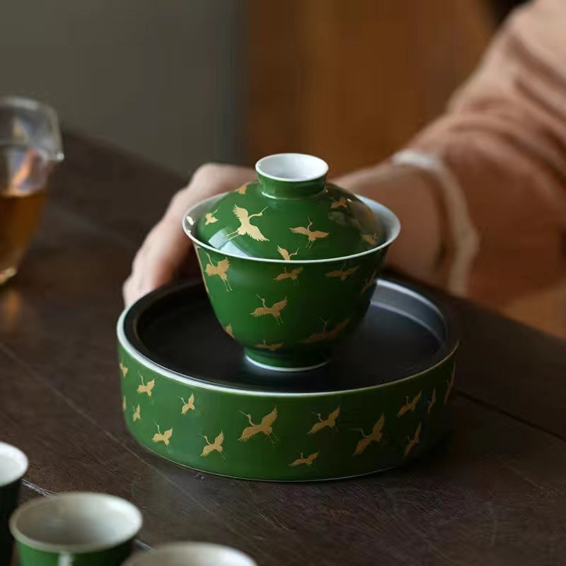 Grandmother green glaze crane Chinese style lifting pot