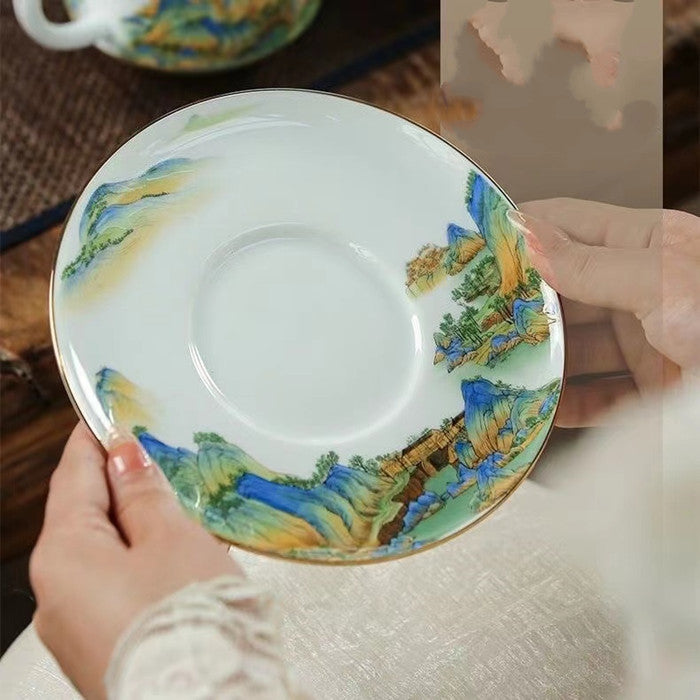 Hand-painted mug with a thousand miles of rivers and mountains in pastel colours from Jingdezhen