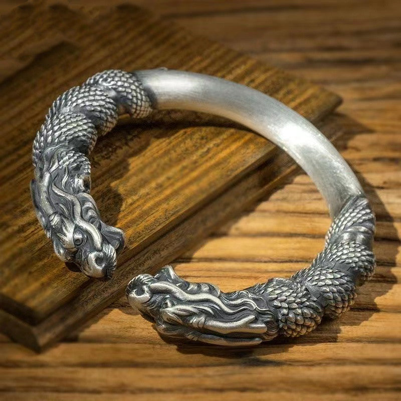 Double dragon twist silver bracelet
