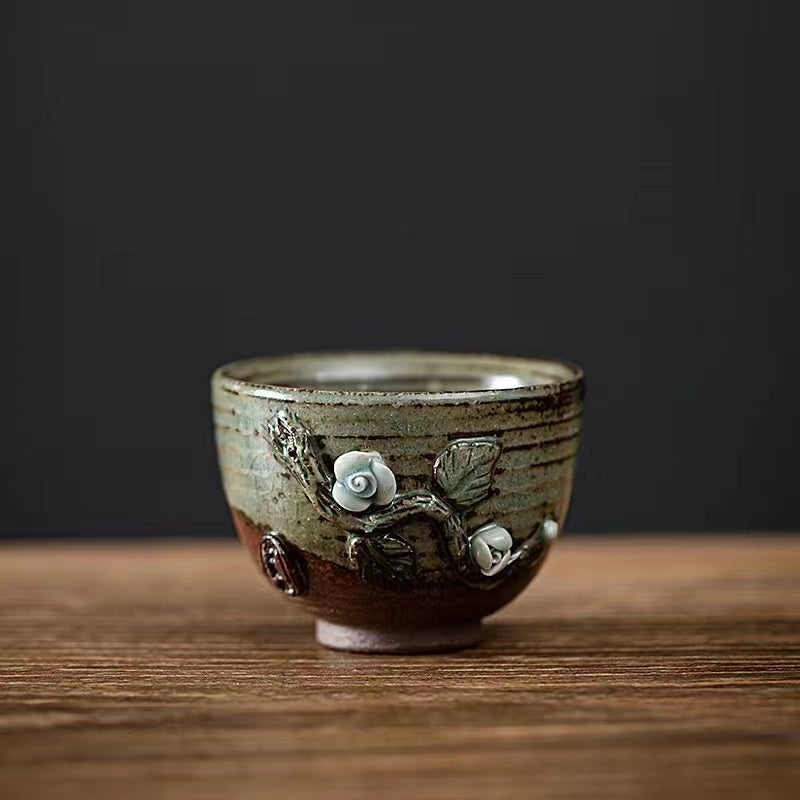 Vintage wooden hand-pressed floral tea cup
